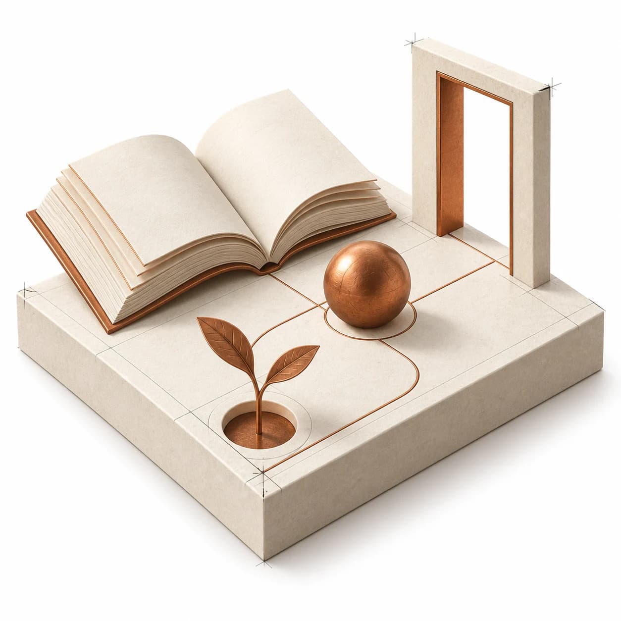 An open book, a doorway and a copper sapling on a shared ivory foundation: learning, possibility and growth