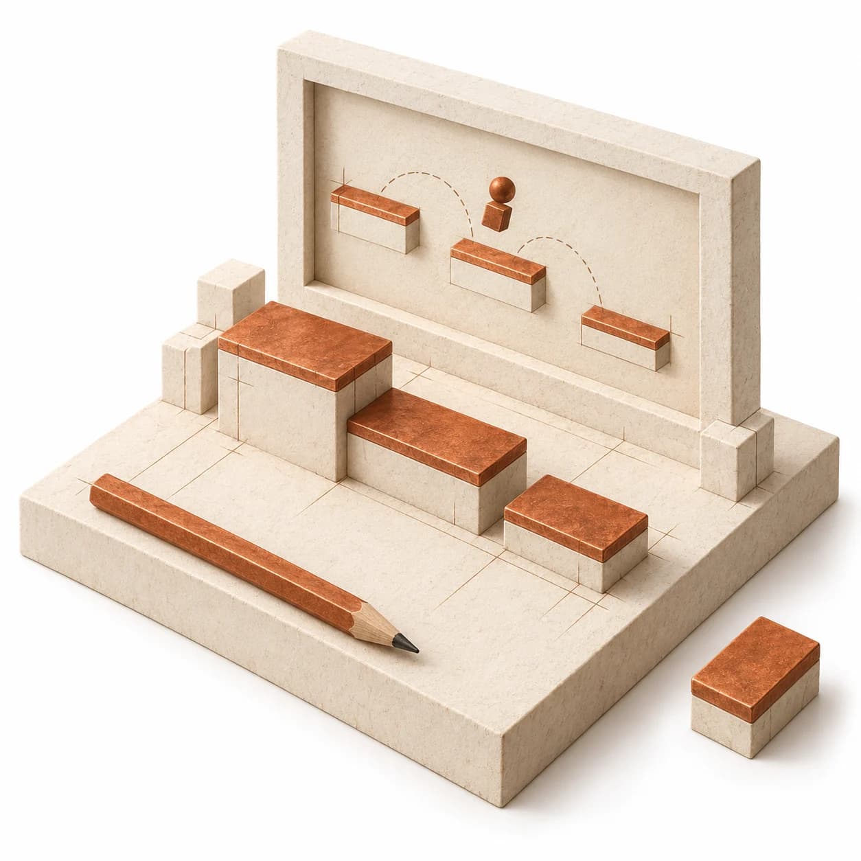 A miniature game level being built from ivory and copper platforms, with a loose building block and a drafting pencil