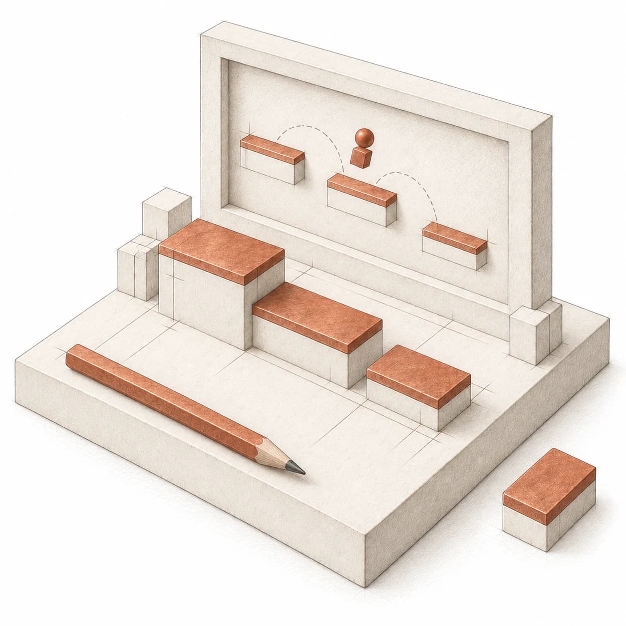 A miniature game level being built from ivory and copper platforms, with a loose building block and a drafting pencil