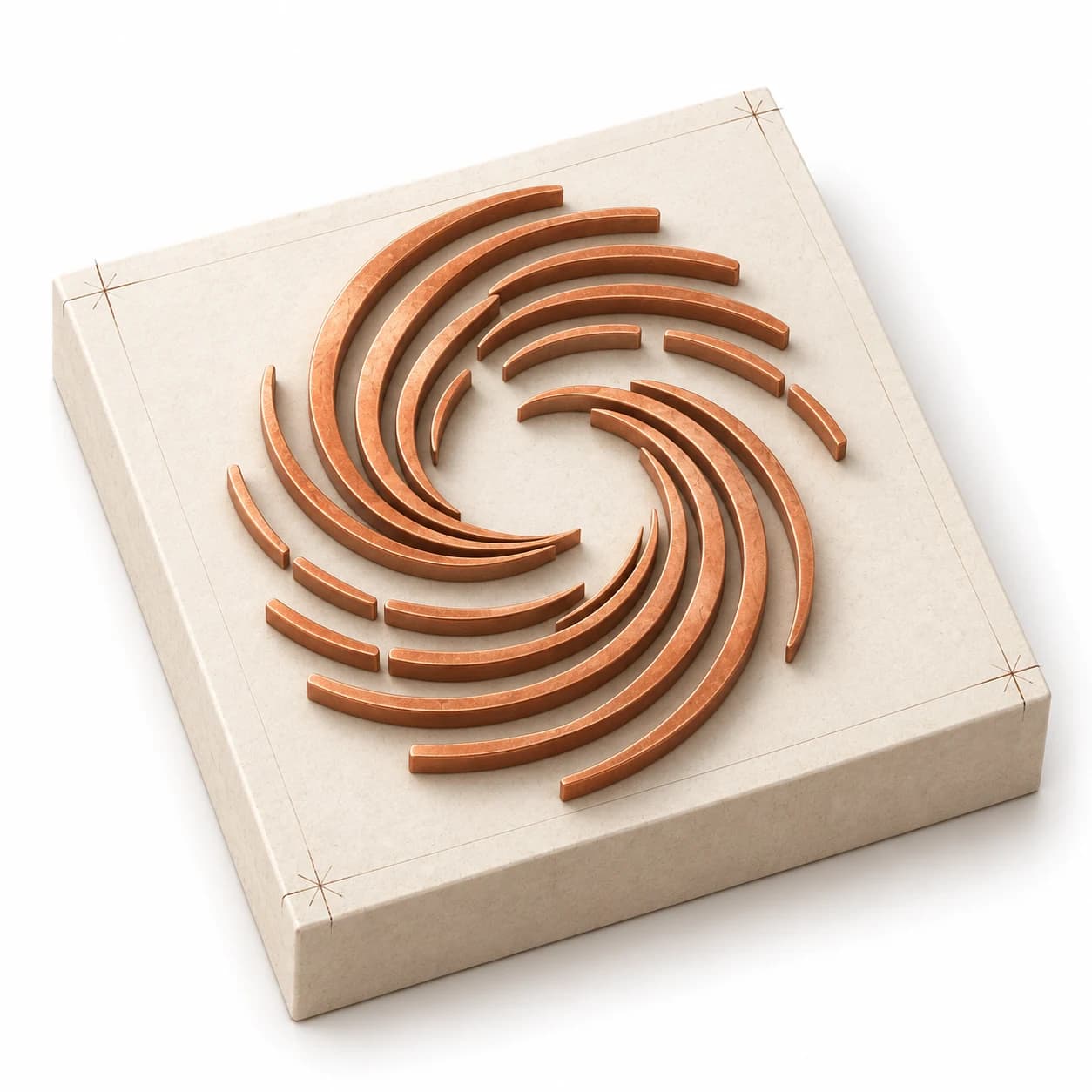 Sigul’s S-shaped swirl sculpted in raised copper on an ivory block