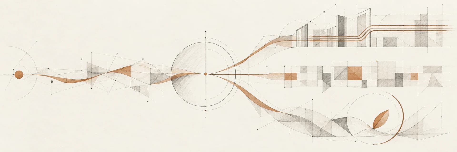 Penciled paths branch into architectural frames, a modular grid and an open arch on warm ivory paper.