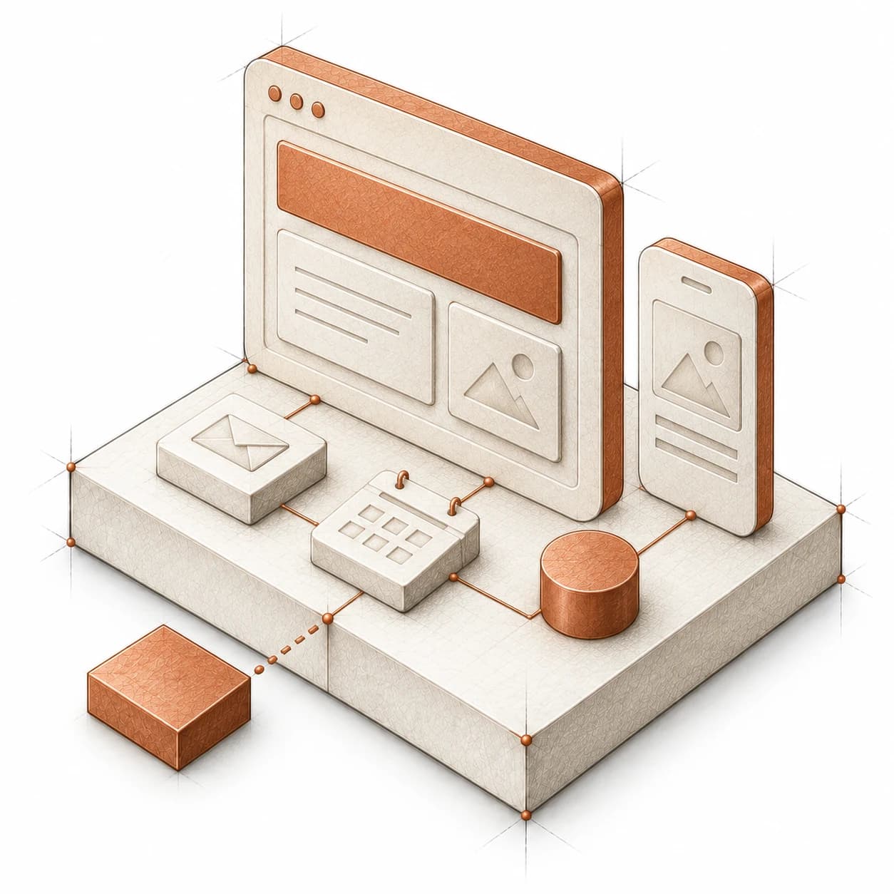 A sculptural website, phone and connected tools on an ivory foundation, with a copper block ready to join