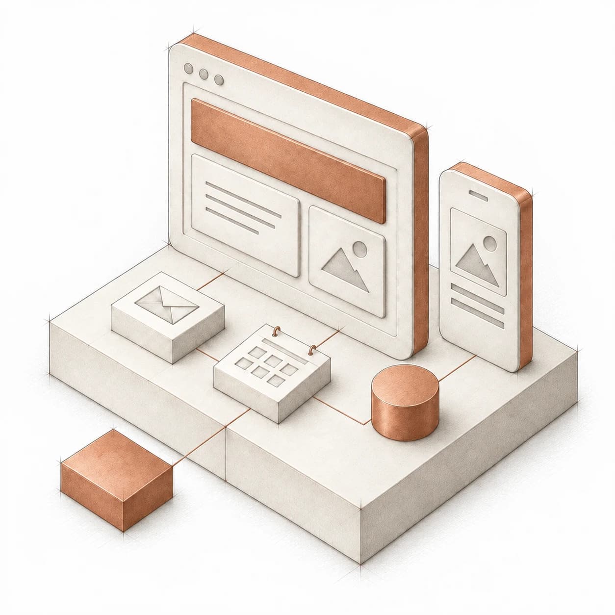 A sculptural website, mobile screen and connected digital tools on an ivory foundation
