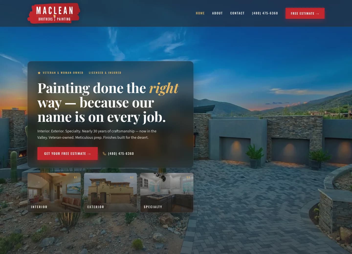 MacLean Brothers Painting’s live homepage, with service choices and a clear request-an-estimate button