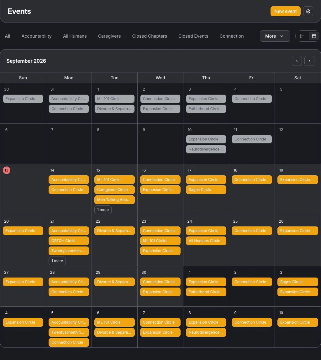 MenLiving’s September 2026 virtual gatherings calendar in Circle, showing recurring connection, accountability, fatherhood and other community circles.