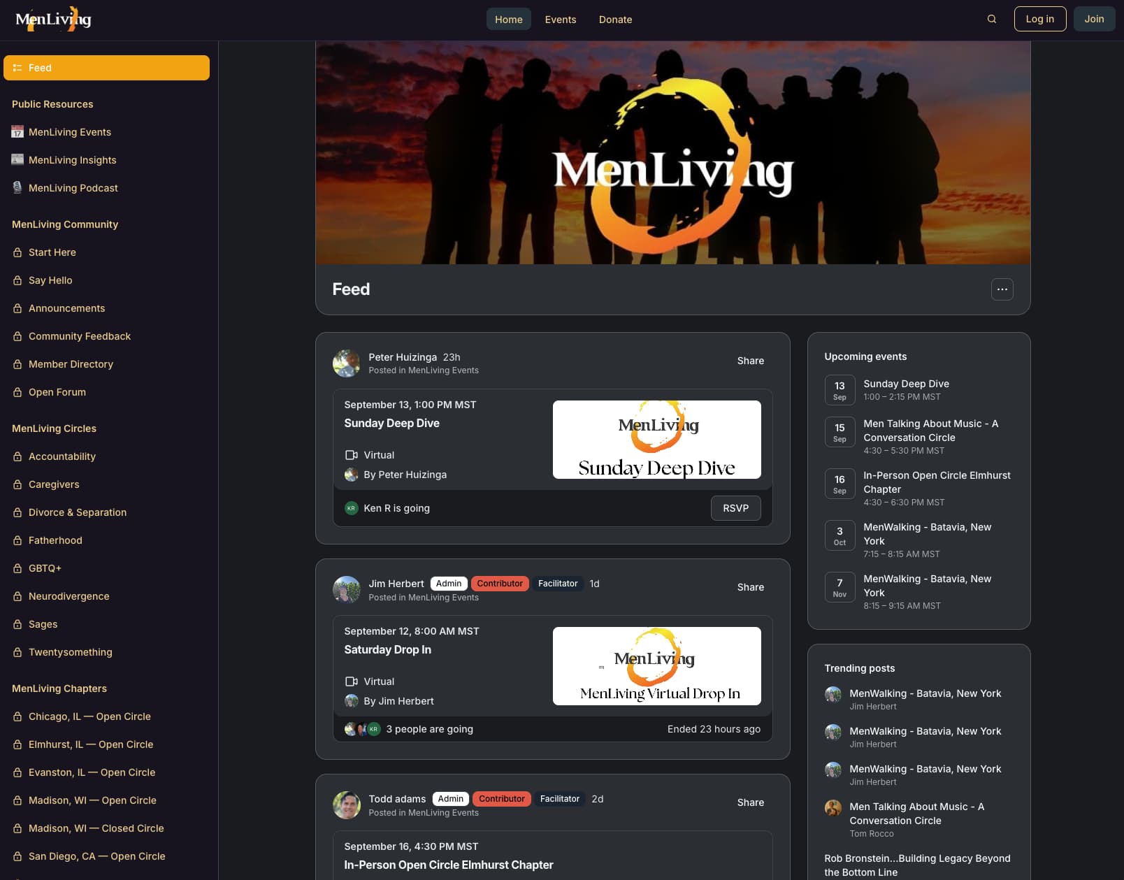 MenLiving’s community feed in Circle, with the community banner, spaces and chapters in the sidebar, recent gathering posts and upcoming events.