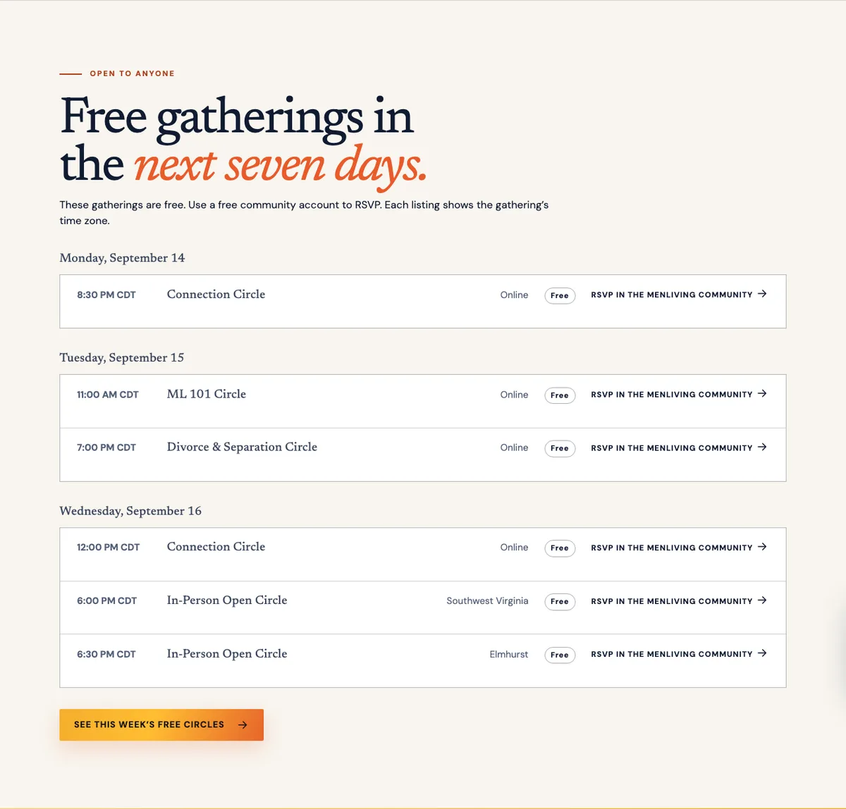 A list of free MenLiving gatherings shows dates, times, online or in-person locations and links to RSVP in the community.