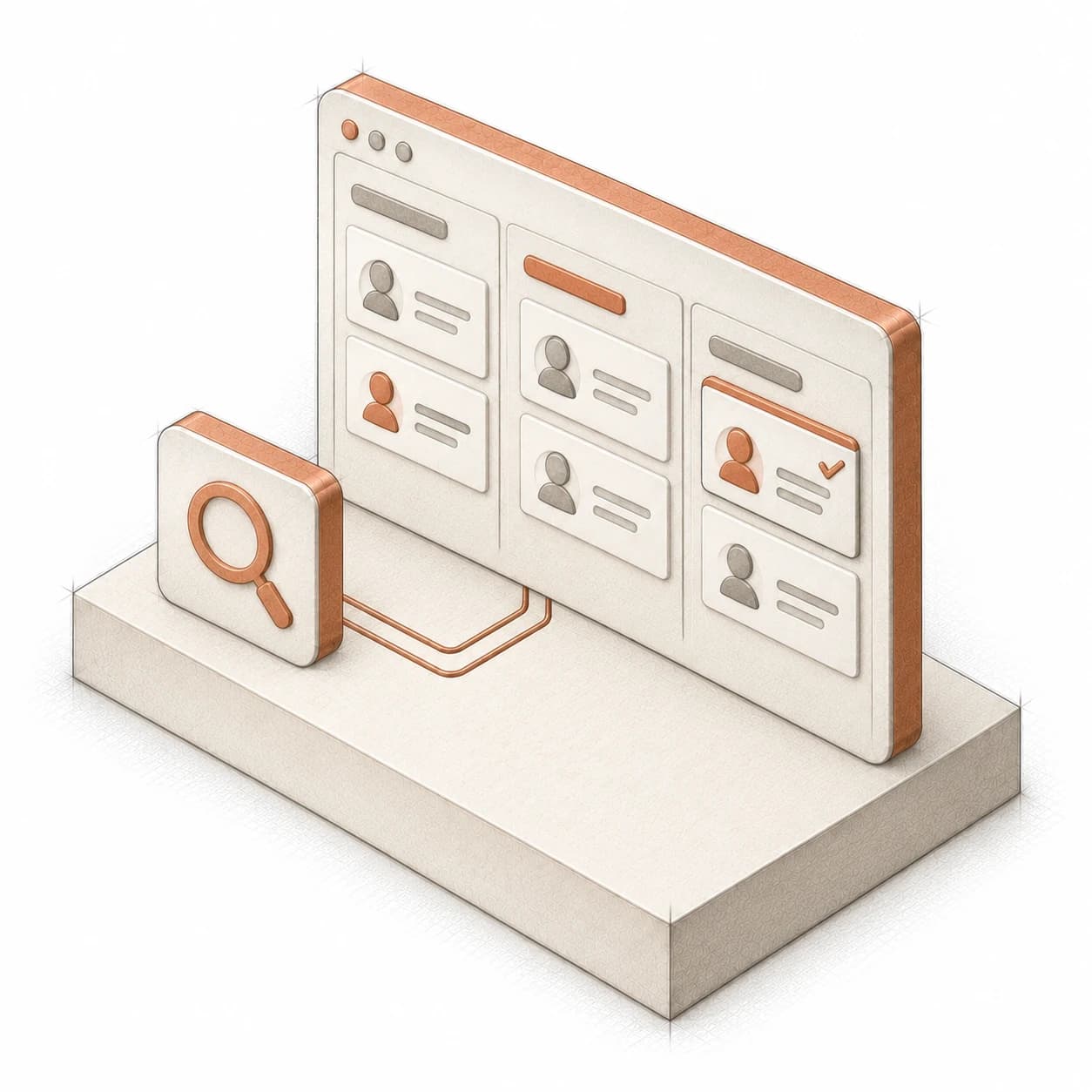 An illustrated recruiting workspace with connected candidate and pipeline cards