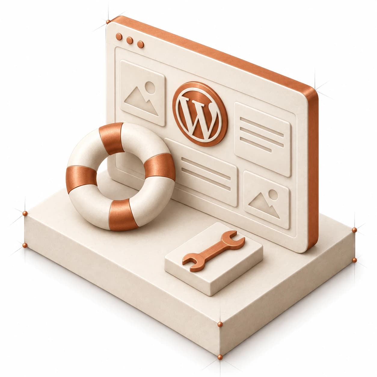A WordPress website with a life ring and a wrench on an ivory foundation, representing dependable website support