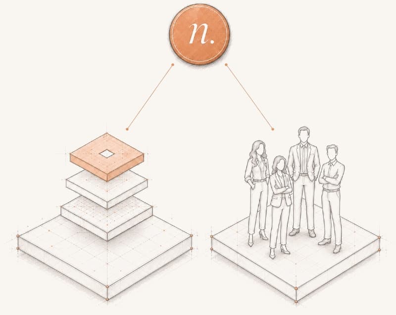 The nspired mark branching into a layered stack and a group of figures