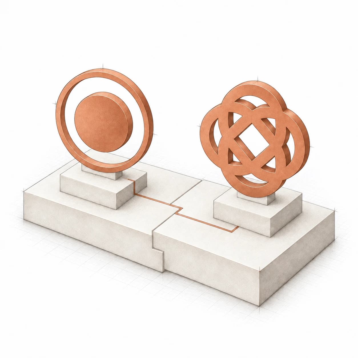 Nspired’s circle and Talenton’s knot in copper, connected across two joined ivory foundations
